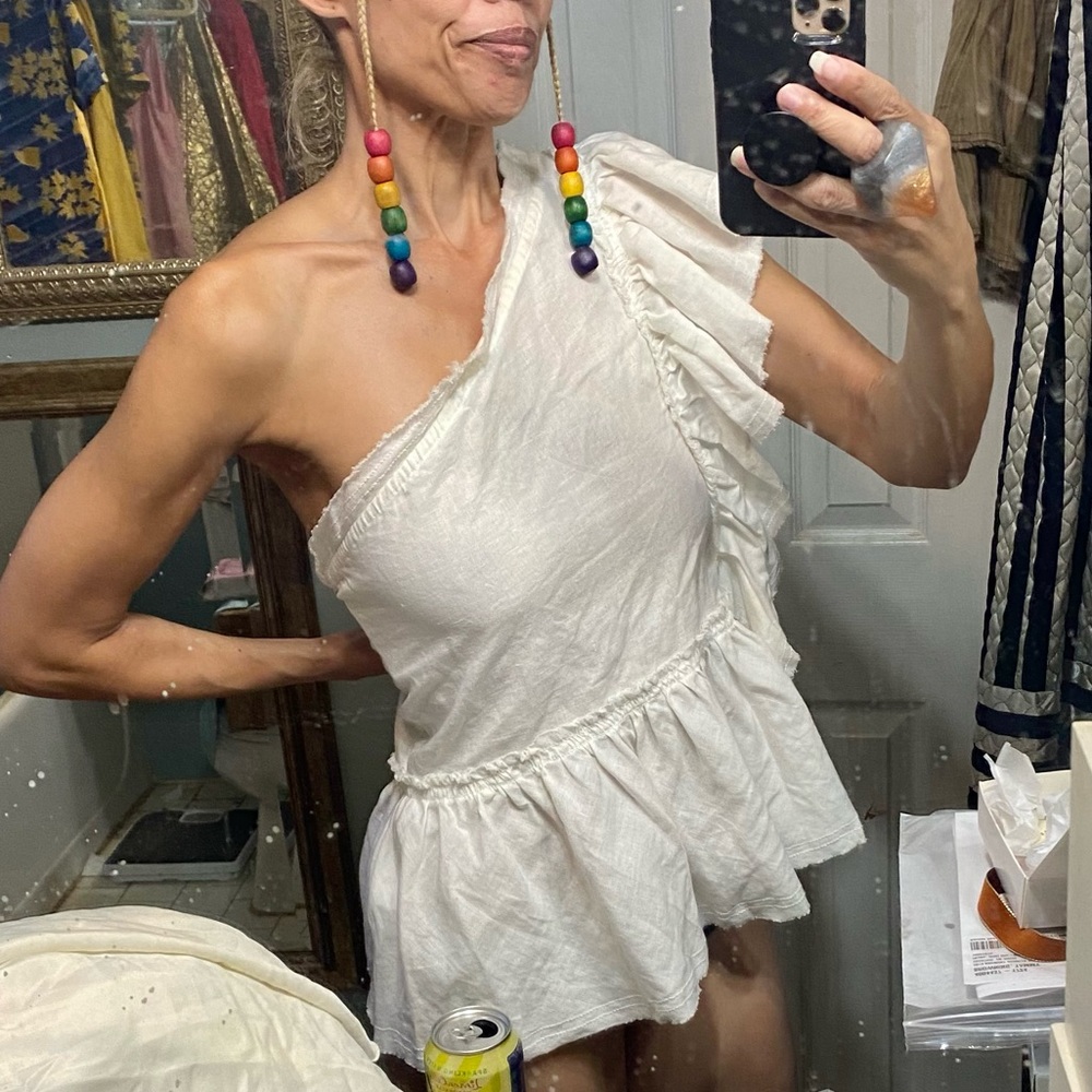 IRO NWT France white linen one shoulder ruffle shirt top peplum asymmetric 38 M